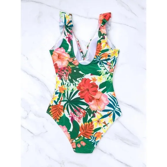 NEW Tropical Ruffle One Piece Swimsuit M - Picture 6 of 8